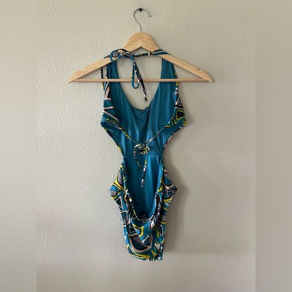 Aerie One Piece Cutout Swimsuit Open Tie Back High Cut Cheeky Blue Pattern S - Picture 3 of 4